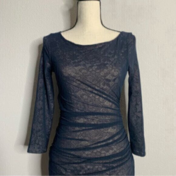 Reiss Dark Blue Sheer Lace Underlay Ruched Bodycon Midi Dress - Picture 7 of 11